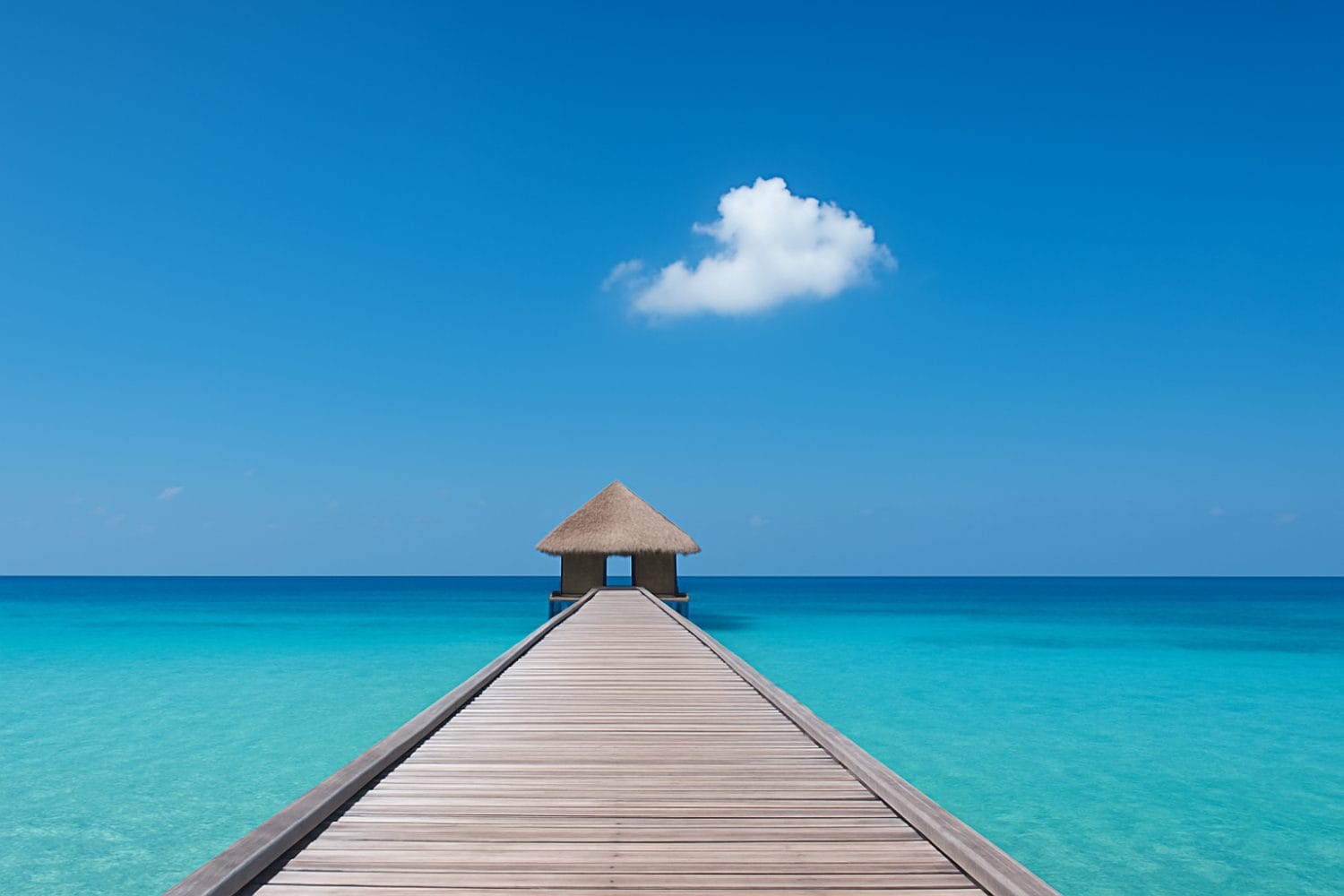 青い空肉も一つ。海には桟橋がかかっていて、その先にはコテージ